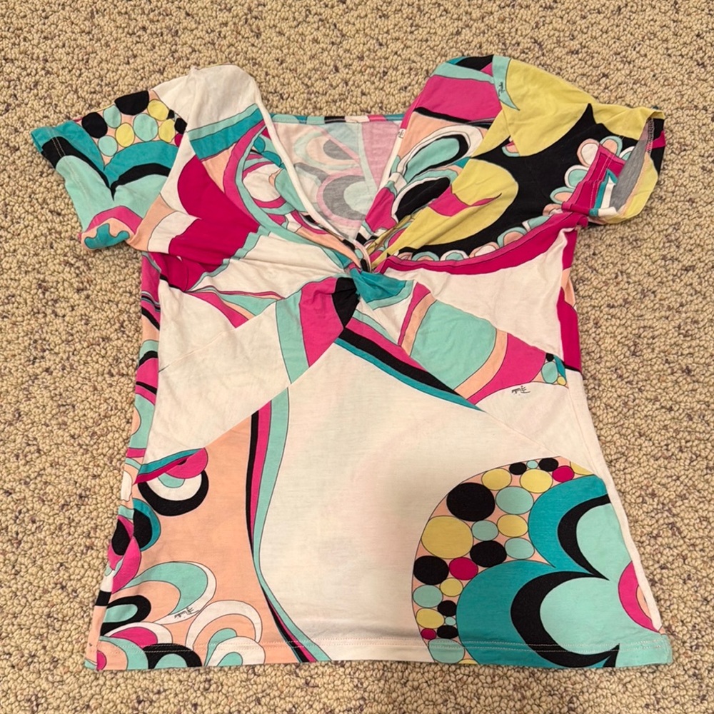 Emilio Pucci Women’s Cotton Stretchy V Neck Short Sleeve Top Size L